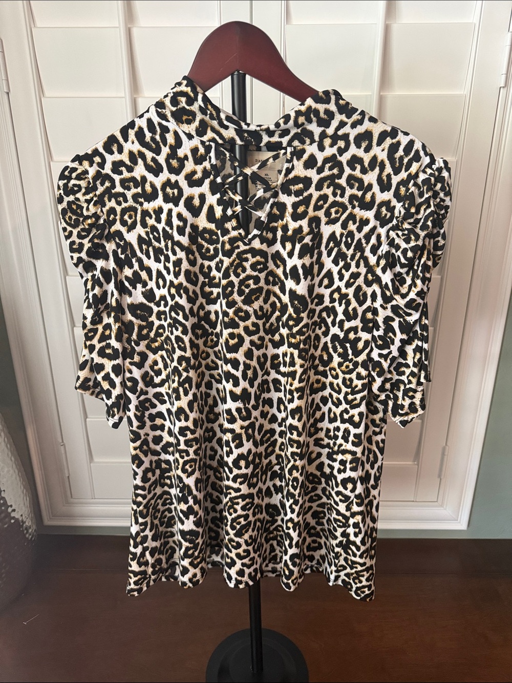 Lace-Up Leopard Print Blouse in Black & Cream